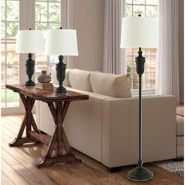 Set of 3 Classic Bronze Lamps - 2 Table Lamps plus 1 Floor Lamp 27"/62"H