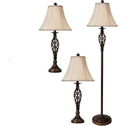 Set of 3 Bronze Caged Lamps - 2 Table Lamps plus 1 Floor Lamp 28/60"H