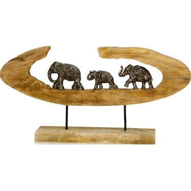 Elephants In Wood Circle Sculpture 27"W x 13"H