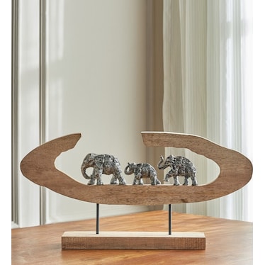 Elephants In Wood Circle Sculpture 27"W x 13"H