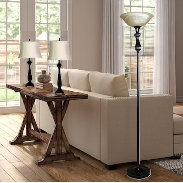 Set of 3 Bronze Lamps - 2 Table Lamps plus 1 Torchiere with Glass Shade 28"/70"H