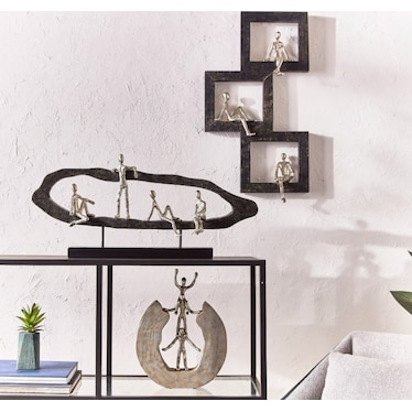 Wood and Metal Brown and Silver Figures In Windows Art 15"W x 27"H