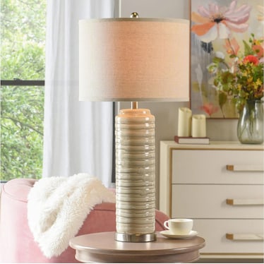 Cream Ceramic Column Table Lamp 30"H