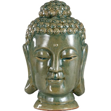 Green and Tan Ceramic Buddha Sculpture 9"W x 14"H