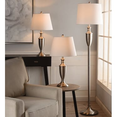 Set of 3 Brushed Steel Lamps -2 Table Lamps plus 1 Floor Lamp 27/60"H