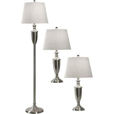 Set of 3 Brushed Steel Lamps -2 Table Lamps plus 1 Floor Lamp 27/60"H