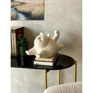 Natural White Terracotta Cat Figure 12"W x 7"H
