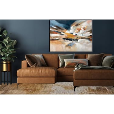 Blue, Gold, and White Abstract Hand Embellished Framed Canvas 50"W x 40"H