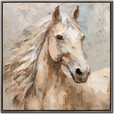 Cream Horse Hand Embellished Framed Canvas 32"W x 32"H