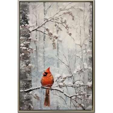 Cardinal Winter Hand Embellished Framed Canvas 24"W x 36"H