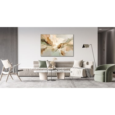 Green, Tan, and White Abstract Hand Embellished Framed Canvas 60"W x 40"H
