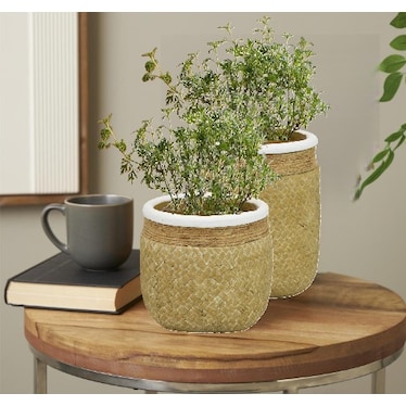 Short Tan Woven Ceramic Vase 6.5"W x 5"H