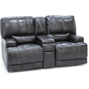 Placier Leather Power Headrest Console Reclining Loveseat in Charcoal