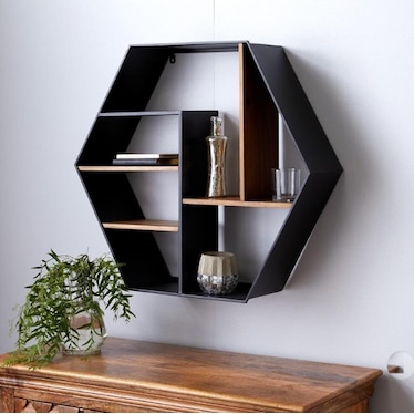 Black and Brown Hexagon Wall Shelf 30"W x 26"H