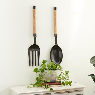 Set of 2 Metal and Wood Fork and Spoon Wall Decor 35"H