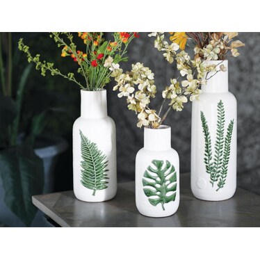 Set of 3 White and Green Ceramic Leaf Vases 10/12/15"H
