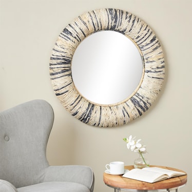 Natural and Blue Teak Wall Mirror 35" Round