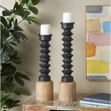 Set of 2 Black Metal Candleholders with Wood Bases 5.5"W x 20"/23"H