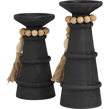 Set of 2 Black Wood Candleholders With Beads 8"/10"H