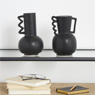 Set of 2 Black Ceramic Vases 6"W x 9/10"H