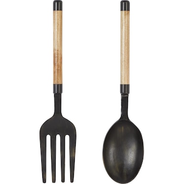 Set of 2 Metal and Wood Fork and Spoon Wall Decor 35"H