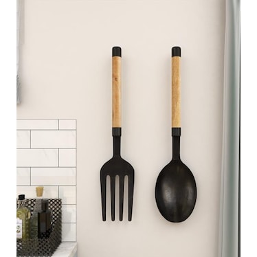 Set of 2 Metal and Wood Fork and Spoon Wall Decor 35"H