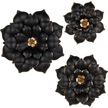 Set of 3 Black and Gold Metal Flowers Wall Decor 14/18/22"H