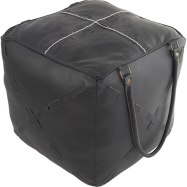 Black Leather Pouf With Handles 22"W x 19"H