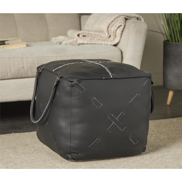 Black Leather Pouf With Handles 22"W x 19"H