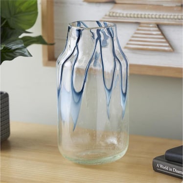 Medium Clear and Blue Glass Vase 6"W x 13"H