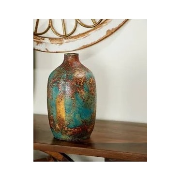 Small Teal and Bronze Terracotta Vase 7"W x 12"H