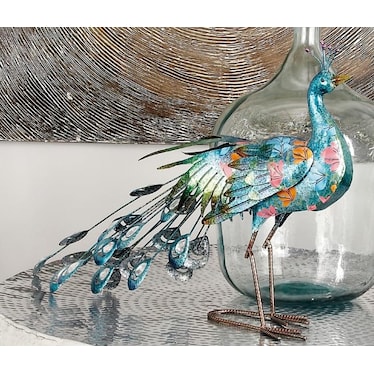Turquoise Metal Peacock Sculpture 31"W x 20"H