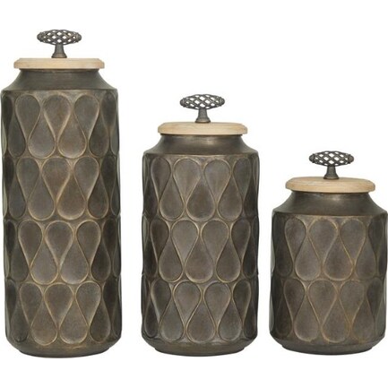 Set of 3 Bronze Metal and Wood Jars with Lids 10/13/16"H