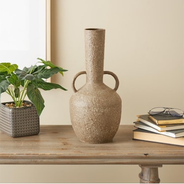 Tall Antique Brown Iron Handled Vase 8"W x 17"H