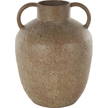 Short Antique Brown Iron Handled Vase 9"W x 12"H