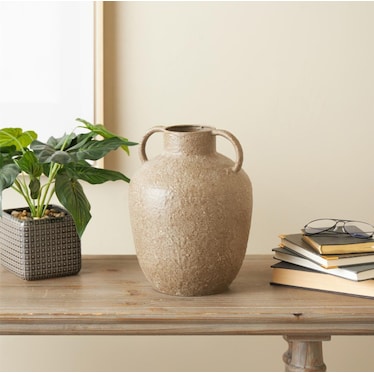 Short Antique Brown Iron Handled Vase 9"W x 12"H