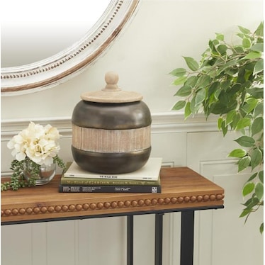Small Bronze Metal and Wood Jar with Wood Lid 9"W X 11"H