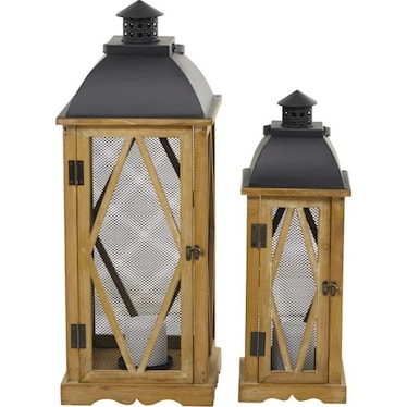 Set of 2 Metal and Wood Lanterns 21"/28"H