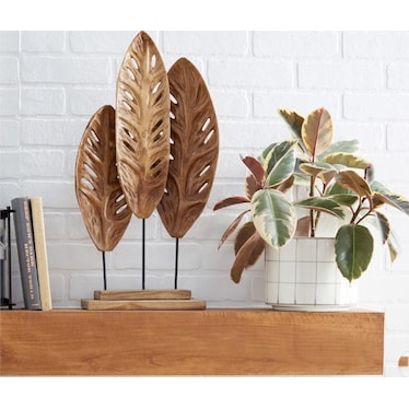 Teak Leaves Sculpture with Metal Base 12"W x 23"H