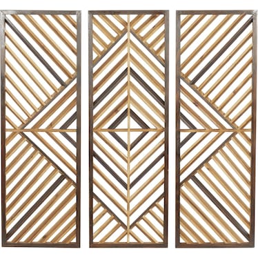 Set of 3 Brown Wood Geometric Wall Plaques 12"W x 35"H