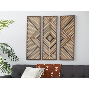 Set of 3 Brown Wood Geometric Wall Plaques 12"W x 35"H