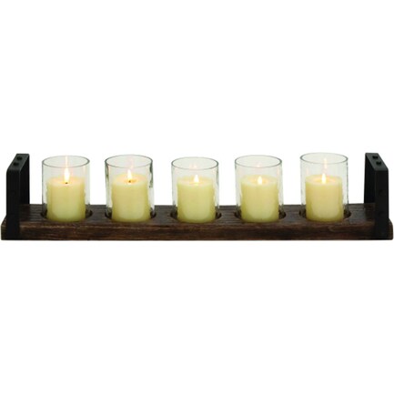 Five Glass Candleholders In Wood Tray 28"W x 5"H