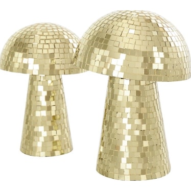 Set of 2 Gold Mosaic Mushroom Sculptures 8"/10"H