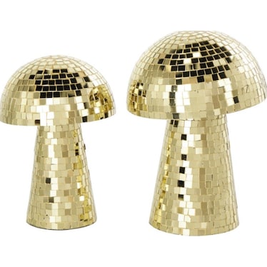 Set of 2 Gold Mosaic Mushroom Sculptures 8"/10"H