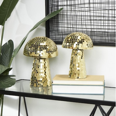 Set of 2 Gold Mosaic Mushroom Sculptures 8"/10"H