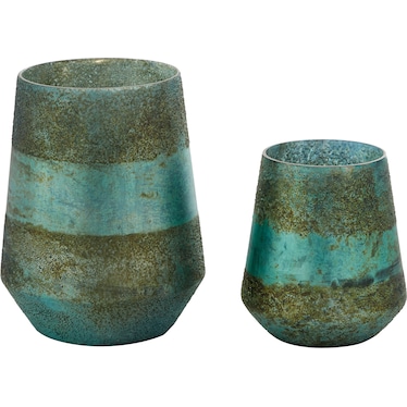 Set of 2 Antique Aqua Glass Candleholders 6.5/9"H