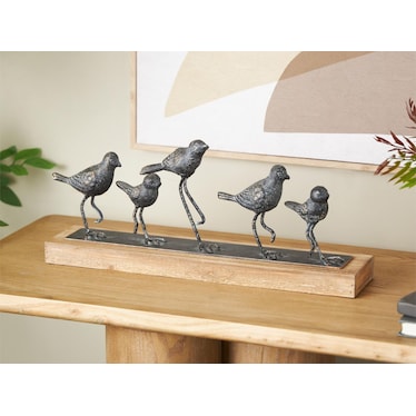 Metal Birds on Wood Base Sculpture 18"W x 7"H