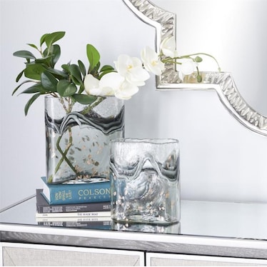 Set of 2 Grey and White Glass Vases 8"W x 8/9"H