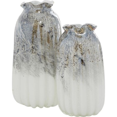 Set of 2 White and Grey Glass Vases 5"W x 10/12"H