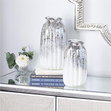 Set of 2 White and Grey Glass Vases 5"W x 10/12"H